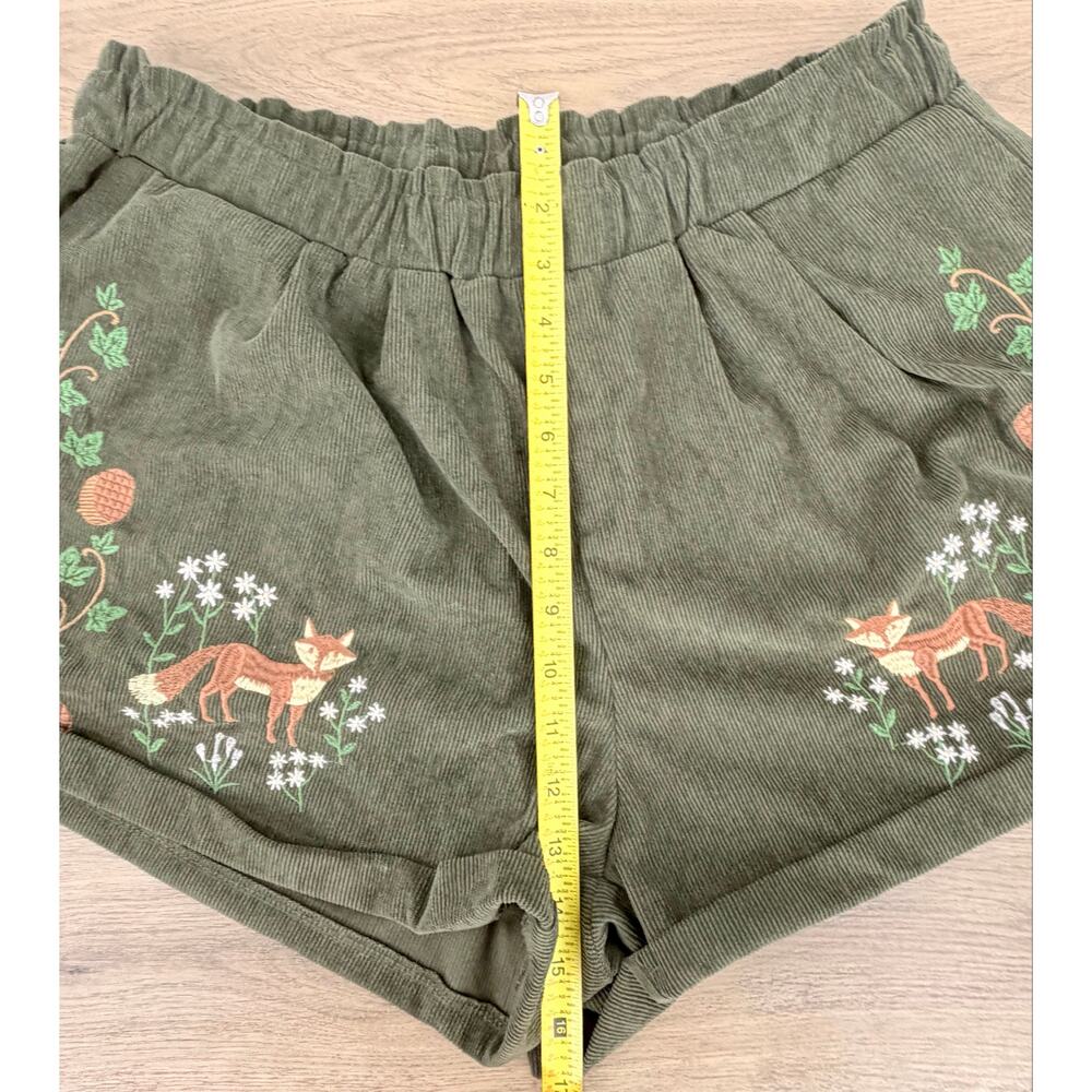 ROMWE Fairycore Green Corduroy Fox Embroidered Shorts Elastic Waist Medium 6 - Picture 13 of 14